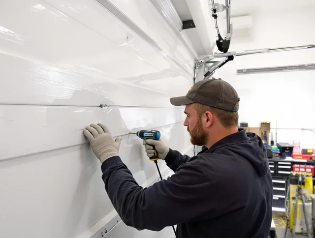 Azusa Garage Door Repair technician demonstrating precision dent removal techniques on a Azusa garage door
