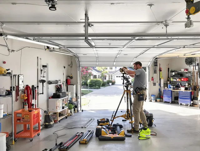 Azusa Garage Door Repair specialist performing laser-guided track alignment in Azusa